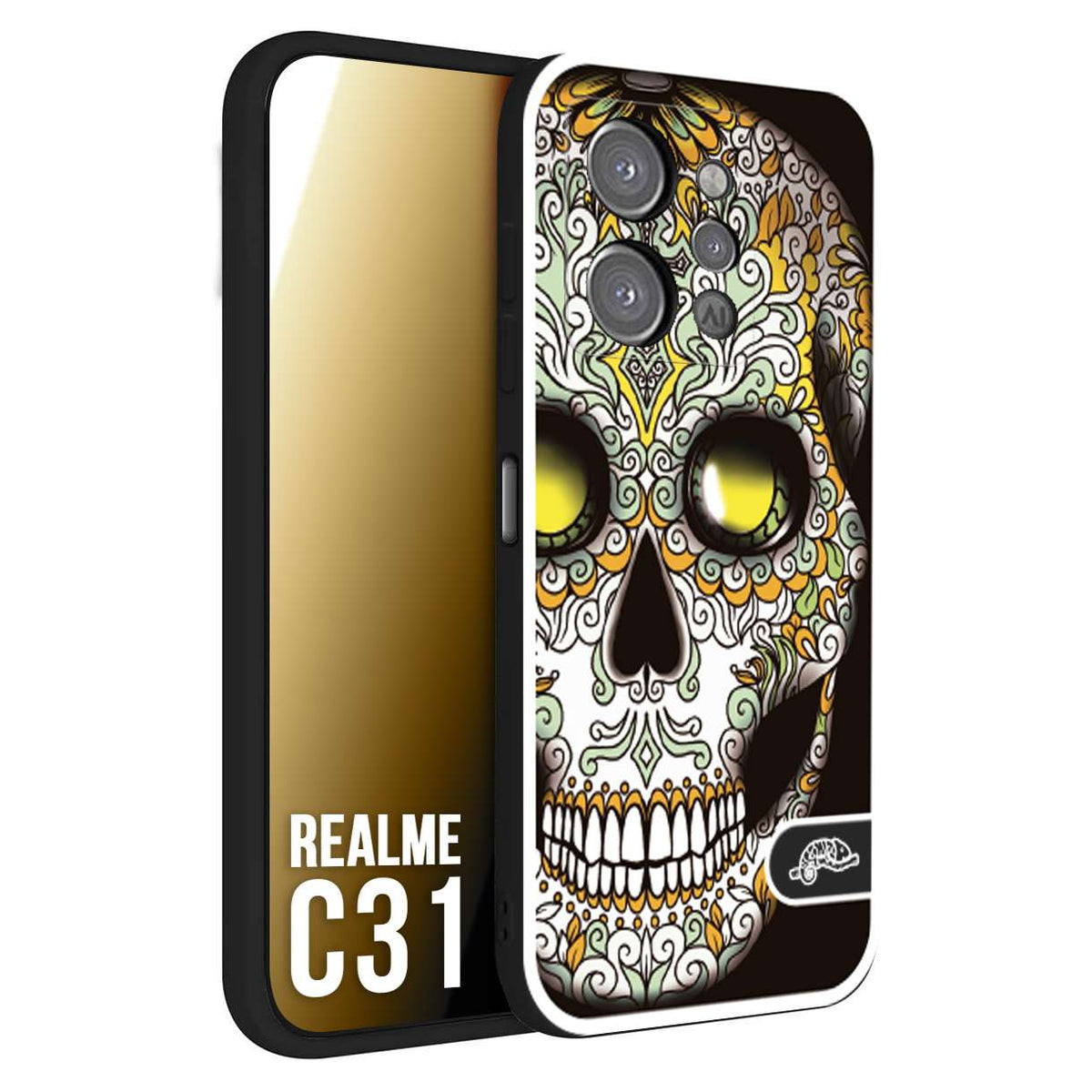 CUSTOMIZZA - Custodia cover nera morbida in tpu compatibile per Realme C31 teschio messicano Mexican skull bianco verde giallo