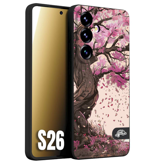 CUSTOMIZZA - Custodia cover nera morbida in tpu compatibile per Samsung S26 giapponese colori morbidi fiori di ciliegio rosa disegnata