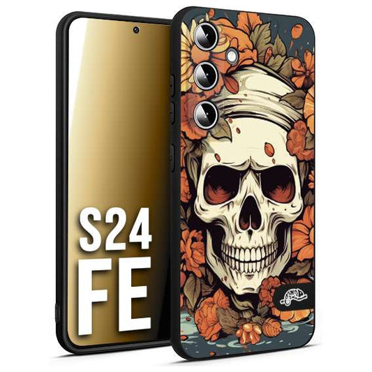 CUSTOMIZZA - Custodia cover nera morbida in tpu compatibile per Samsung S24 FE teschio skull flowers fiori tattoo disegnato alta definizione