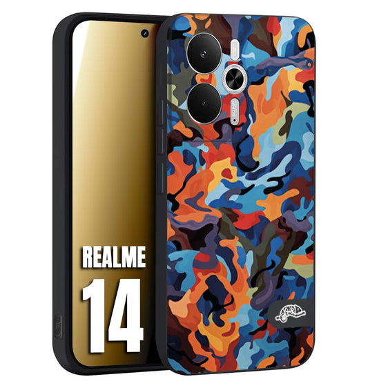 CUSTOMIZZA - Custodia cover nera morbida in tpu compatibile per Realme 14 5G camouflage mimetico militare moderno blu arancio rosso
