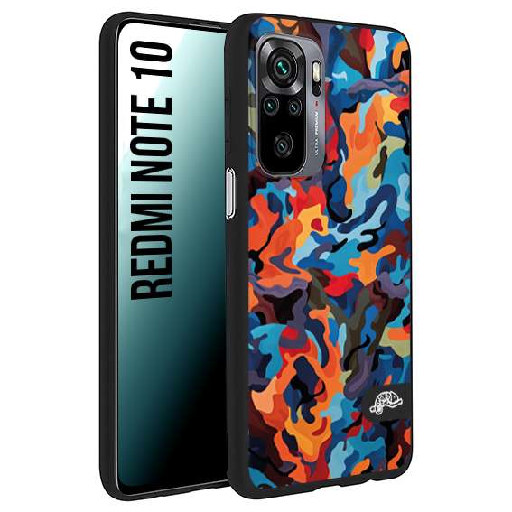 CUSTOMIZZA - Custodia cover nera morbida in tpu compatibile per Xiaomi Redmi Note 10 camouflage mimetico militare moderno blu arancio rosso