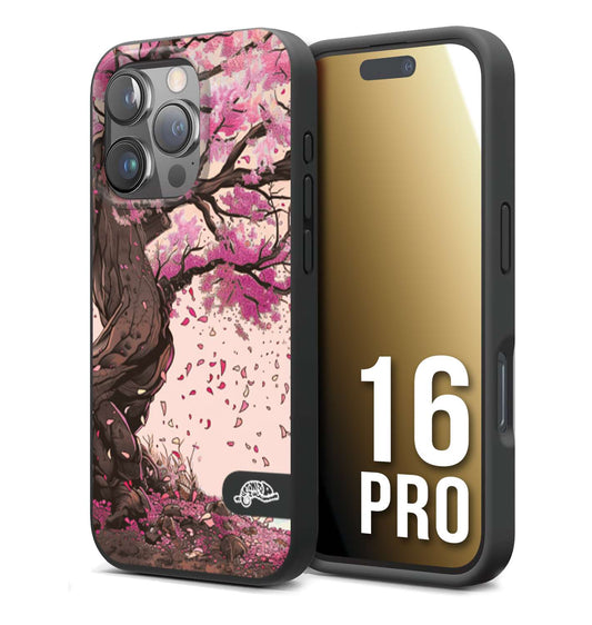 CUSTOMIZZA - Custodia cover nera morbida in tpu compatibile per iPhone 16 PRO giapponese colori morbidi fiori di ciliegio rosa disegnata