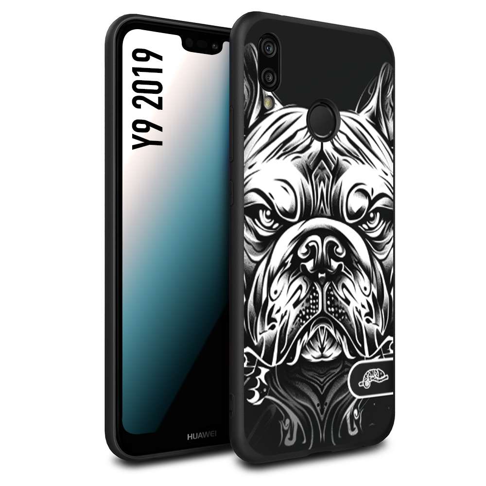 CUSTOMIZZA - Custodia cover nera morbida in tpu compatibile per Huawei Y9 2019 bulldog bianco a rilievo disegnato tattoo tatuaggio