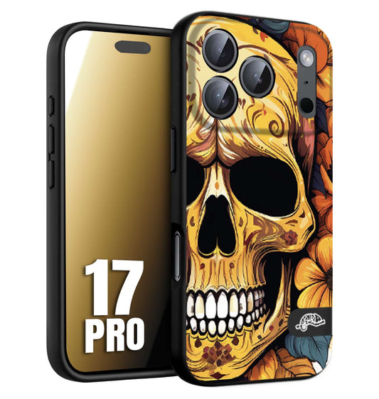 CUSTOMIZZA - Custodia cover nera morbida in tpu compatibile per iPhone 17 PRO teschio messicano colorato dorato fiori autunnali disegnato