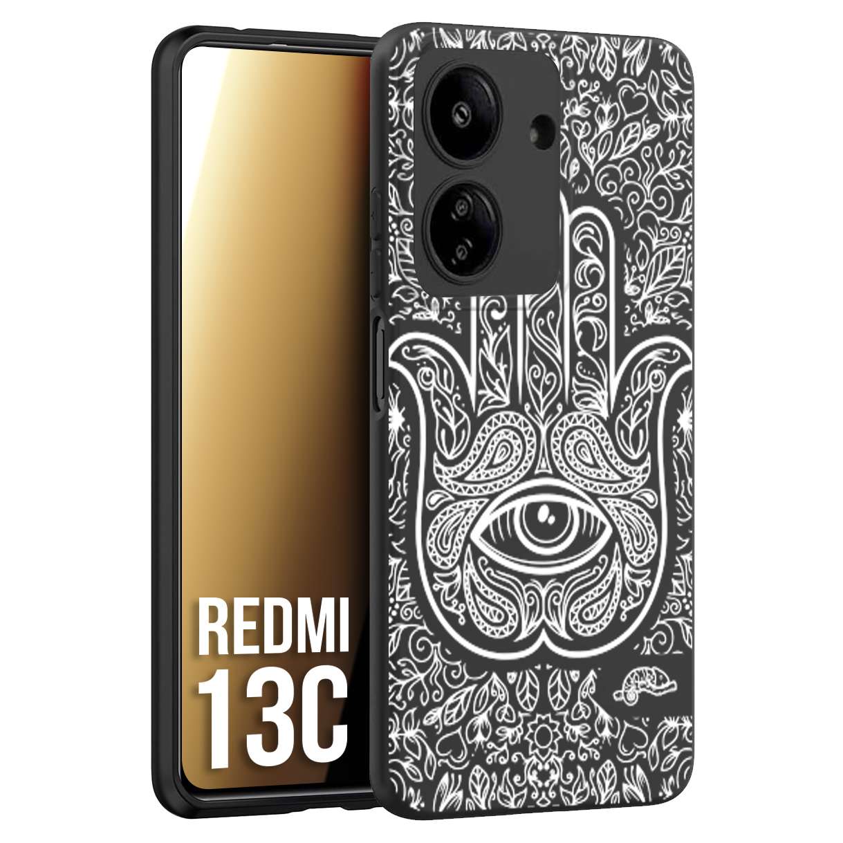 CUSTOMIZZA - Custodia cover nera morbida in tpu compatibile per Xiaomi Redmi 13C mano di fatima effetto rilievo mandala donna