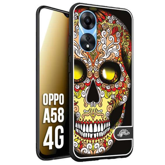 CUSTOMIZZA - Custodia cover nera morbida in tpu compatibile per Oppo A58 4G teschio messicano Mexican skull giallo rosso arancio