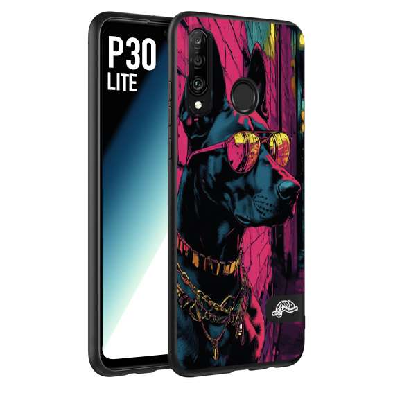 CUSTOMIZZA - Custodia cover nera morbida in tpu compatibile per Huawei P30 LITE animali cyberpunk dobermann cane street dog fucsia blu