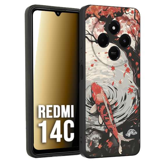 CUSTOMIZZA - Custodia cover nera morbida in tpu compatibile per Xiaomi Redmi 14C giapponese lago carpa koi rossa con foglie d'acero rosso disegnata tattoo
