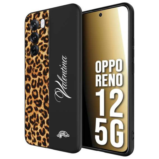 CUSTOMIZZA - Custodia cover nera morbida in tpu compatibile per Oppo Reno 12 5G custom nome scritta leopardato maculato donna marrone leopard