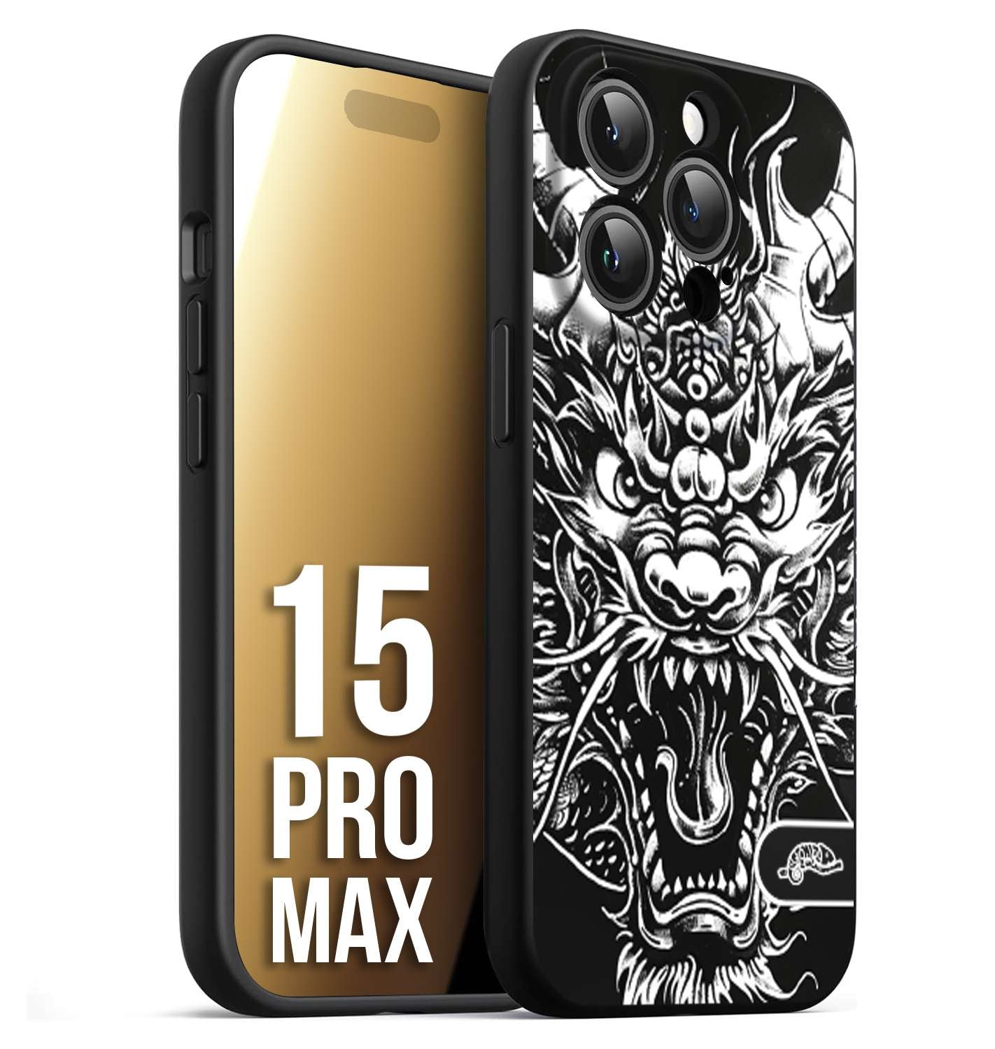 CUSTOMIZZA - Custodia cover nera morbida in tpu compatibile per iPhone 15 PRO MAX drago black and white bianco a rilievo disegnato tattoo tatuaggio