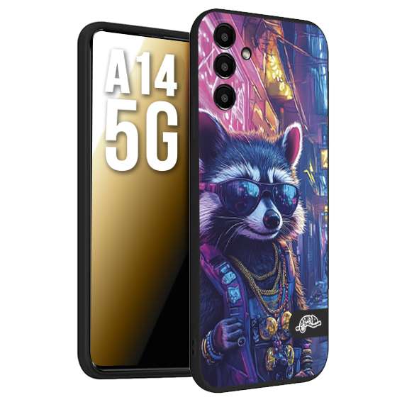CUSTOMIZZA - Custodia cover nera morbida in tpu compatibile per Samsung A14 5G animali simpatici cyberpunk procione racoon street cat fucsia blu giallo