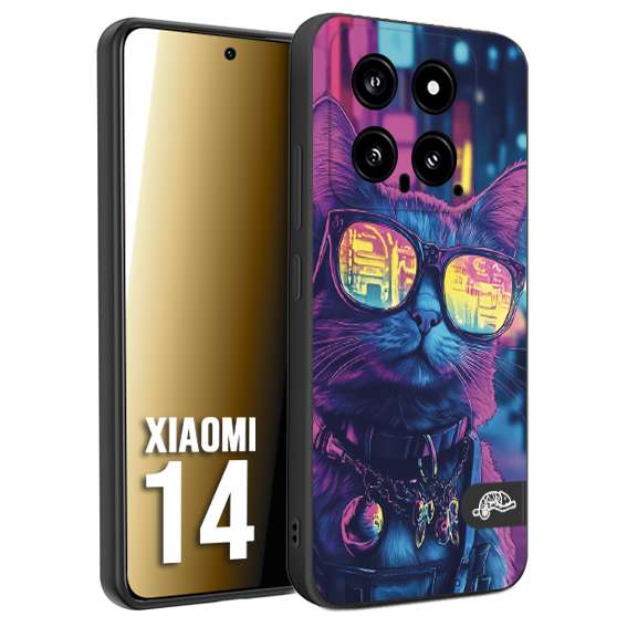 CUSTOMIZZA - Custodia cover nera morbida in tpu compatibile per Xiaomi 14 animali cyberpunk gatto street cat fucsia blu giallo