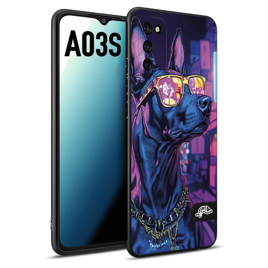 CUSTOMIZZA - Custodia cover nera morbida in tpu compatibile per Samsung A03S animali cyberpunk dobermann cane street dog fucsia blu night