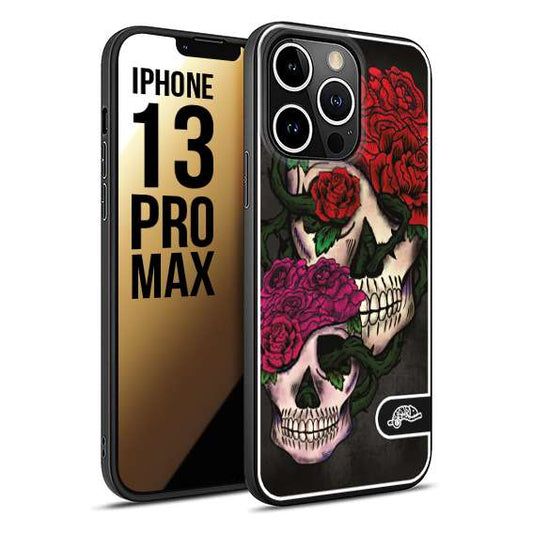 CUSTOMIZZA - Custodia cover nera morbida in tpu compatibile per iPhone 13 PRO MAX teschi e rose rosse fucsia skull and roses