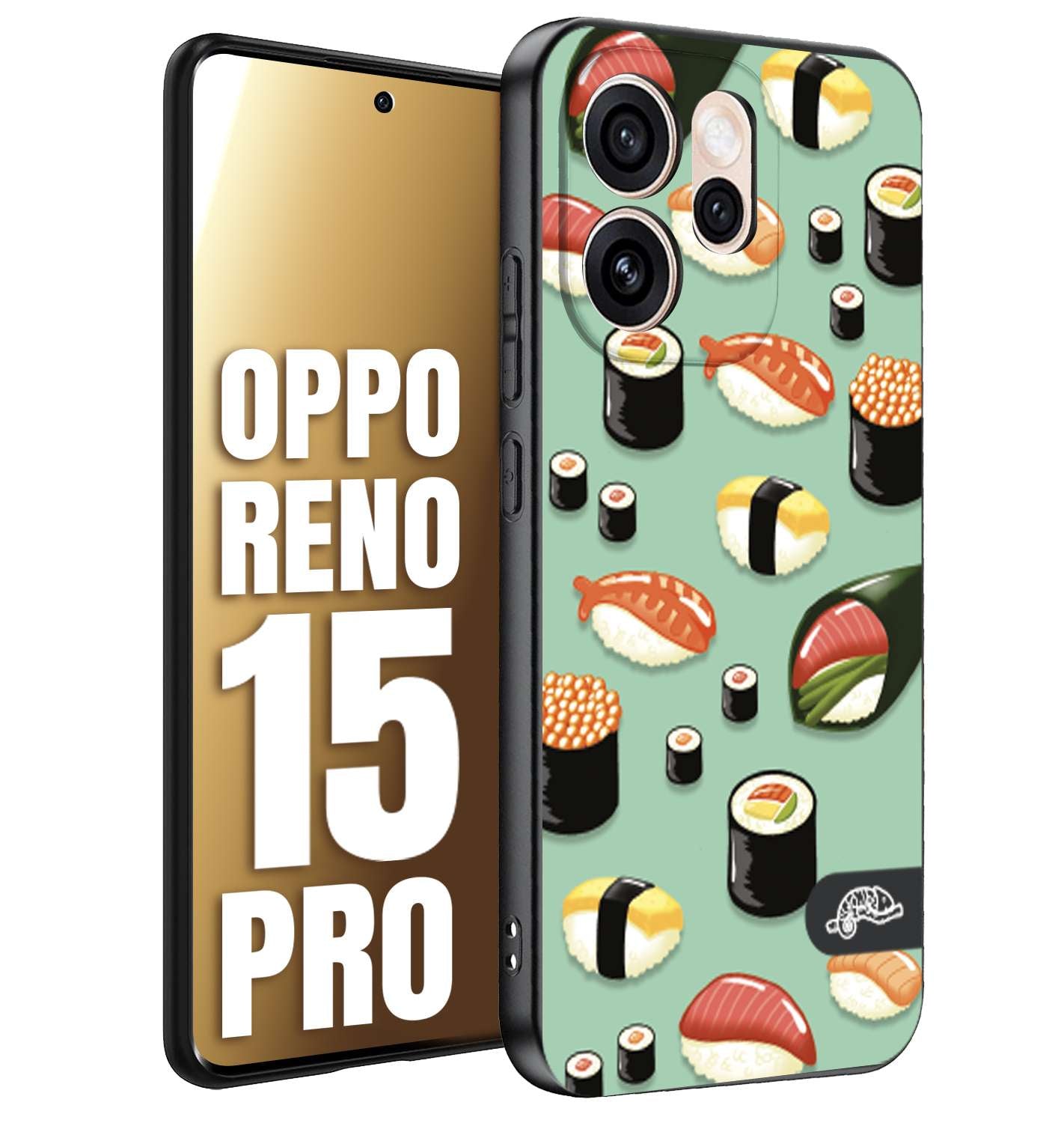 CUSTOMIZZA - Custodia cover nera morbida in tpu compatibile per Oppo Reno 15 PRO sushi disegni giapponese nighiri acquamarina verde