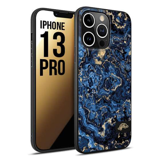 CUSTOMIZZA - Custodia cover nera morbida in tpu compatibile per iPhone 13 PRO effetto marmo marble blu venature dorato psichedelico