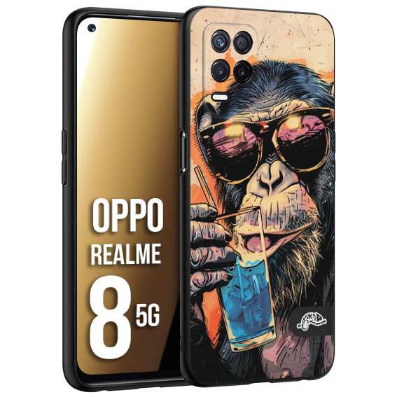 CUSTOMIZZA - Custodia cover nera morbida in tpu compatibile per Oppo Realme 8 5G estate disegnata cocktails animali simpatici scimmia monkey negroni