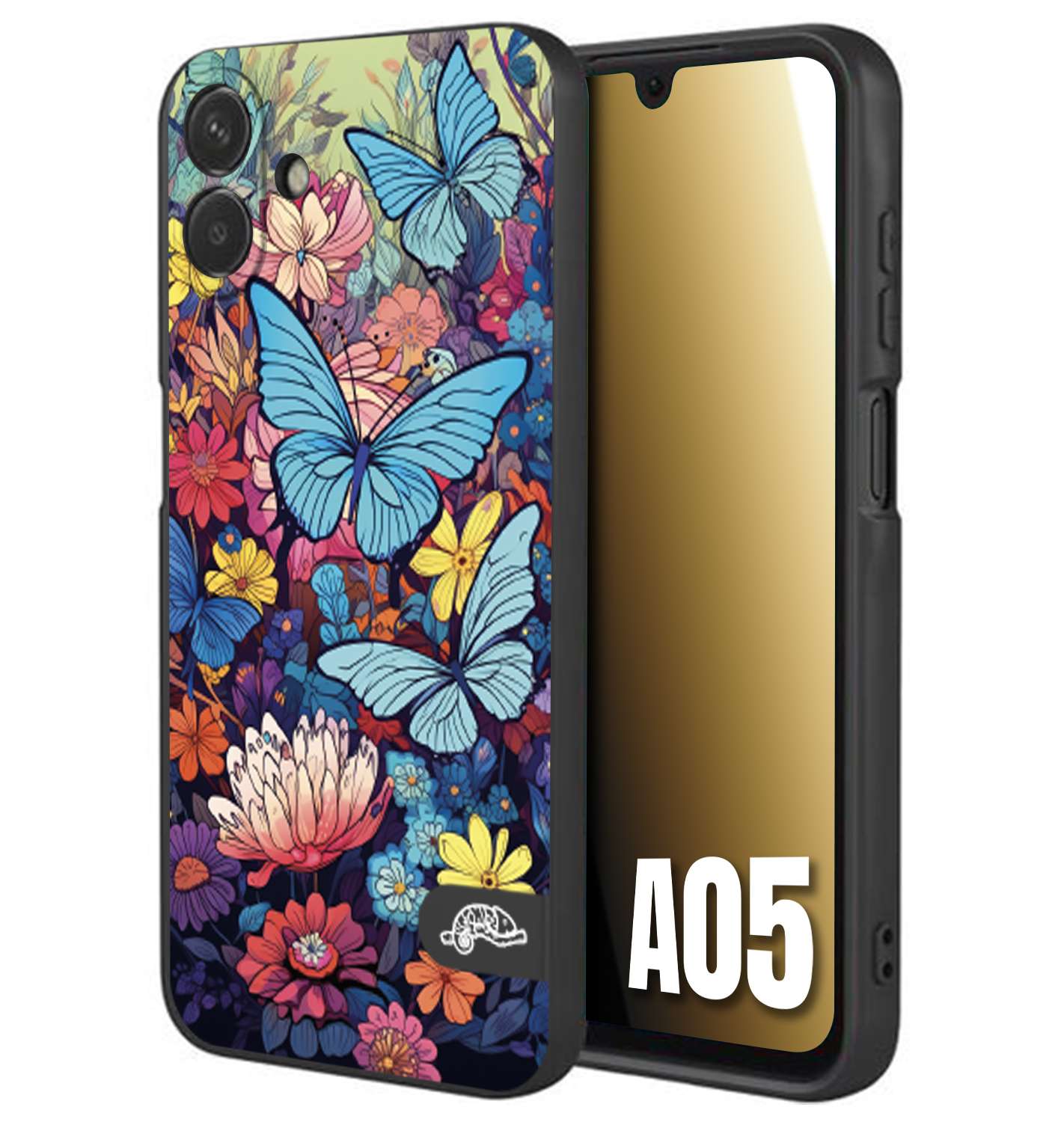 CUSTOMIZZA - Custodia cover nera morbida in tpu compatibile per Samsung A05 farfalle butterfly moderno donna disegnate gialla blu rosa