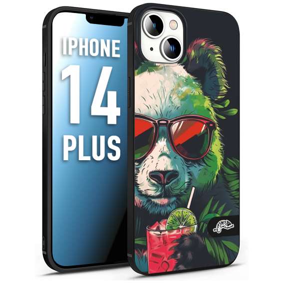 CUSTOMIZZA - Custodia cover nera morbida in tpu compatibile per iPhone 14 PLUS estate disegnata cocktails animali simpatici panda mojito