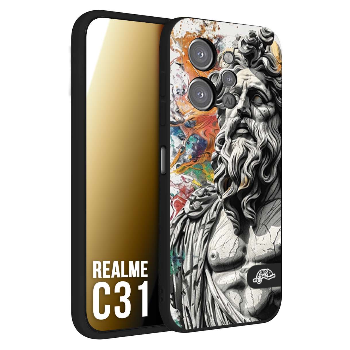 CUSTOMIZZA - Custodia cover nera morbida in tpu compatibile per Realme C31 statua colorata moderna antico tattoo splash color