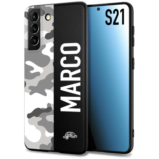 CUSTOMIZZA - Custodia cover nera morbida in tpu compatibile per Samsung S21 camouflage mimetico militare personalizzata nome bianco