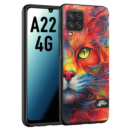 CUSTOMIZZA - Custodia cover nera morbida in tpu compatibile per Samsung A22 4G animali color cat gatto viso colori vibranti disegnato schizzo