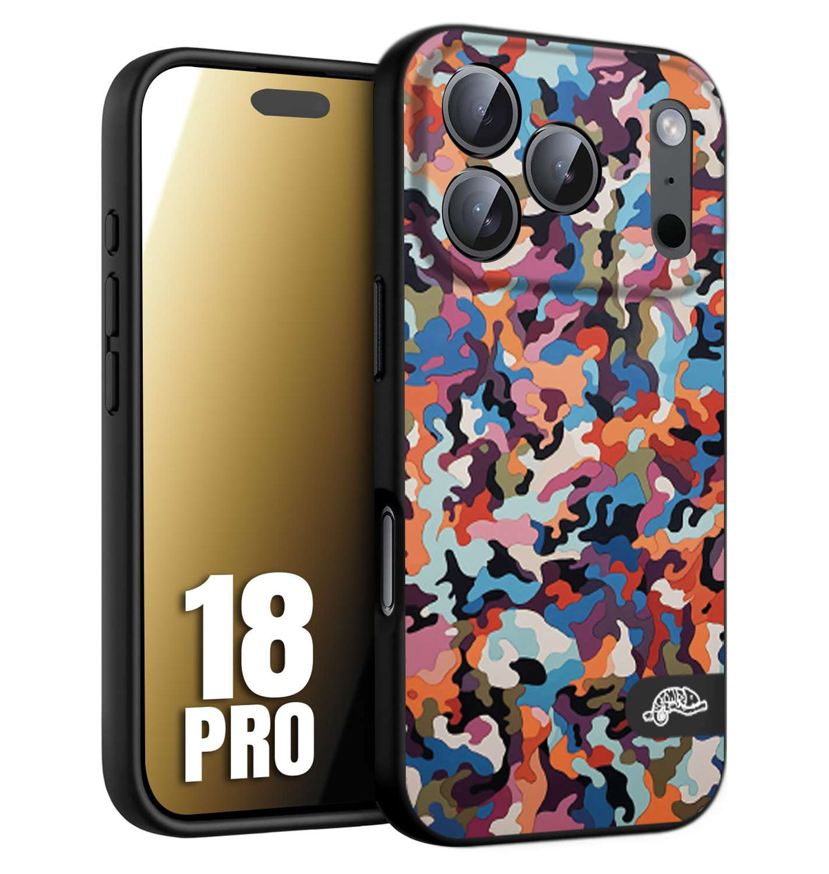 CUSTOMIZZA - Custodia cover nera morbida in tpu compatibile per iPhone 18 PRO camouflage mimetico militare moderno blu arancio rosa
