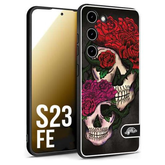 CUSTOMIZZA - Custodia cover nera morbida in tpu compatibile per Samsung S23 FE teschi e rose rosse fucsia skull and roses