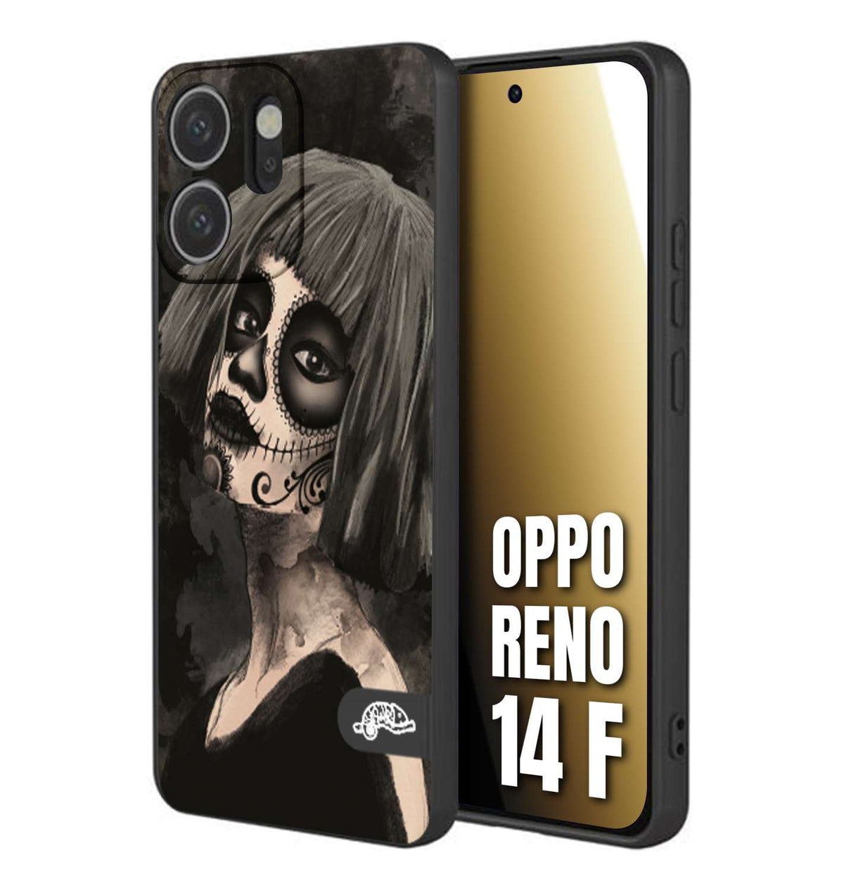CUSTOMIZZA - Custodia cover nera morbida in tpu compatibile per Oppo Reno 14 F chicana messicana dea de la muerte donna santa tattoo disegnata