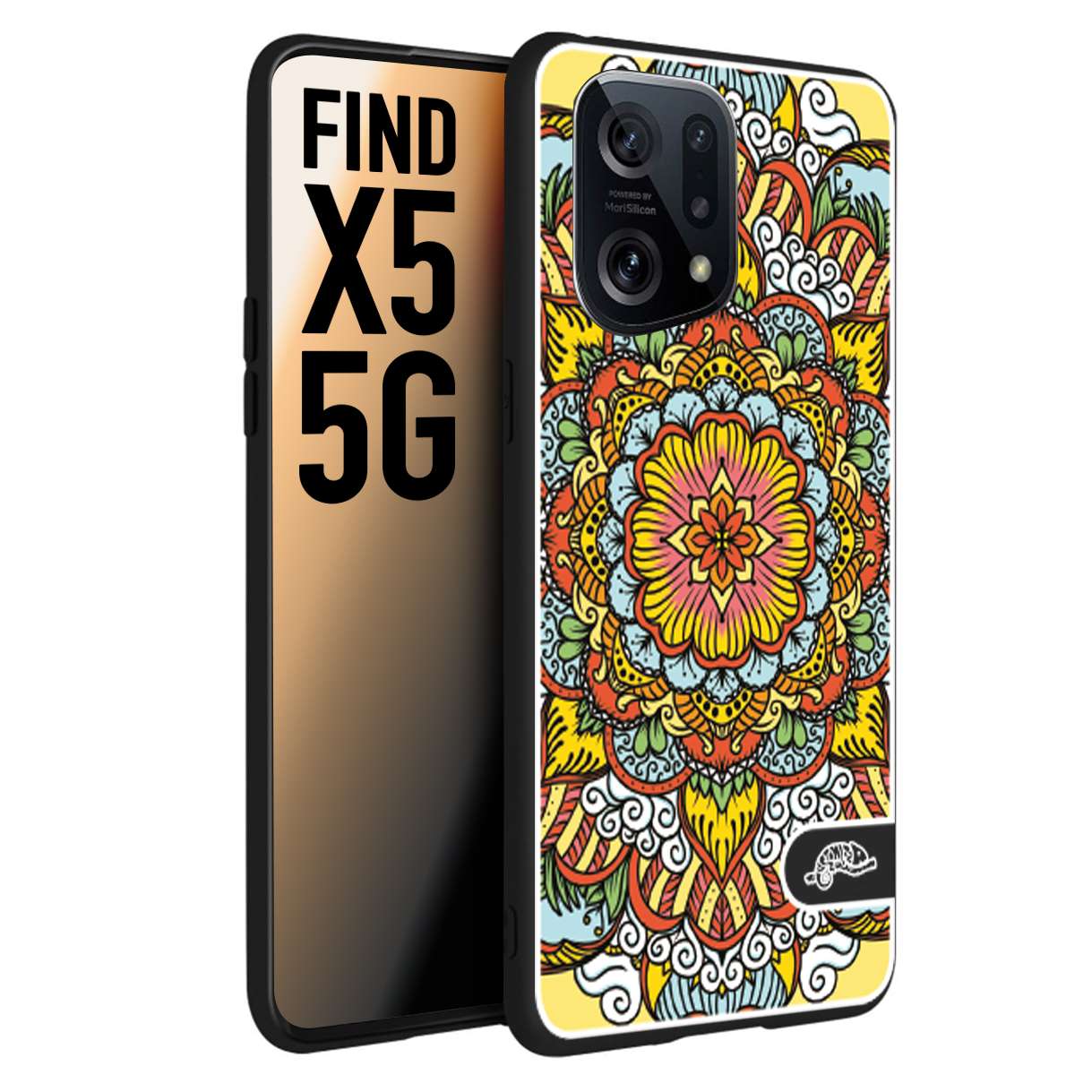 CUSTOMIZZA - Custodia cover nera morbida in tpu compatibile per Oppo Find X5 mandala colorato fiore nuvole arancione