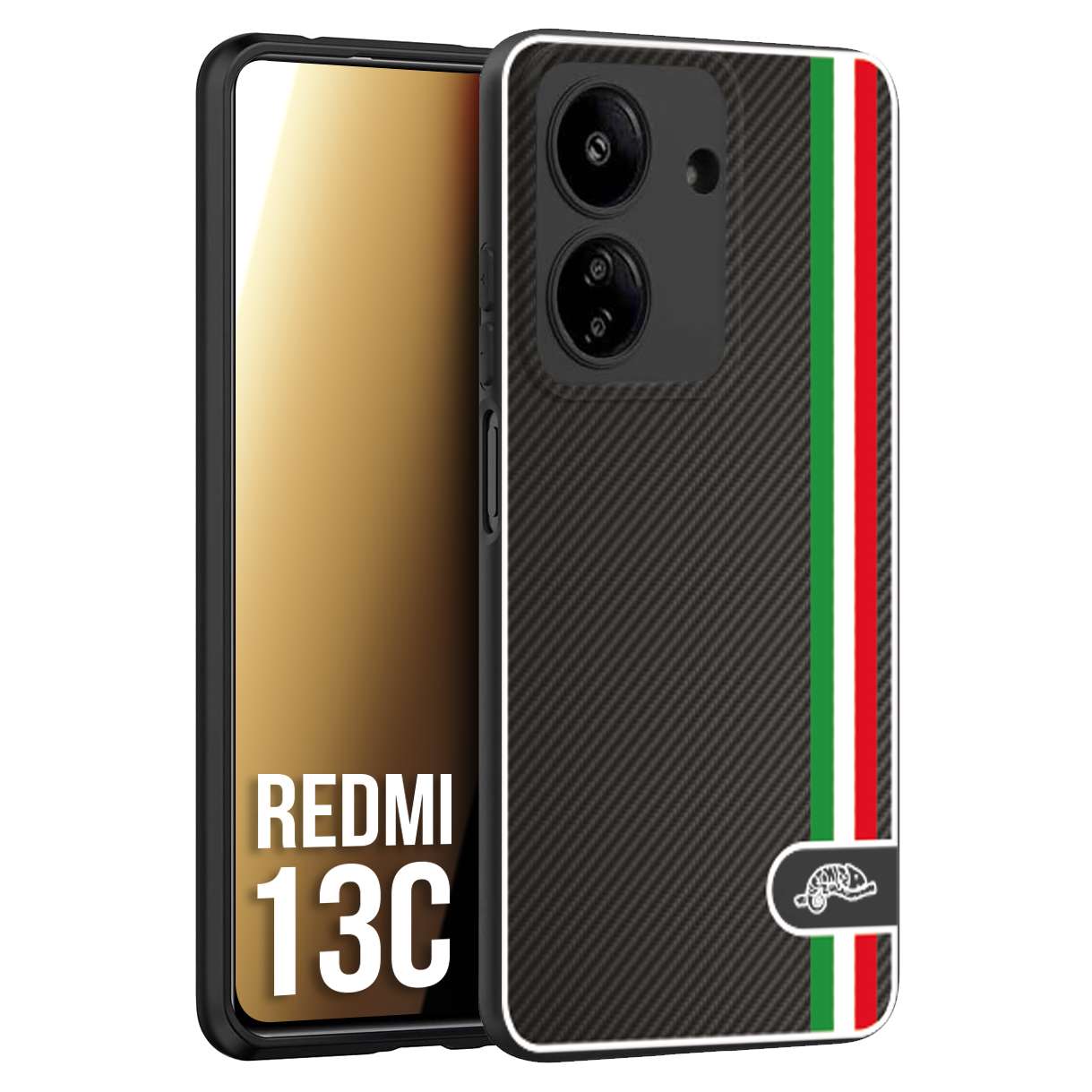 CUSTOMIZZA - Custodia cover nera morbida in tpu compatibile per Xiaomi Redmi 13C effetto fibra di carbonio bandiera Italia made in Italy