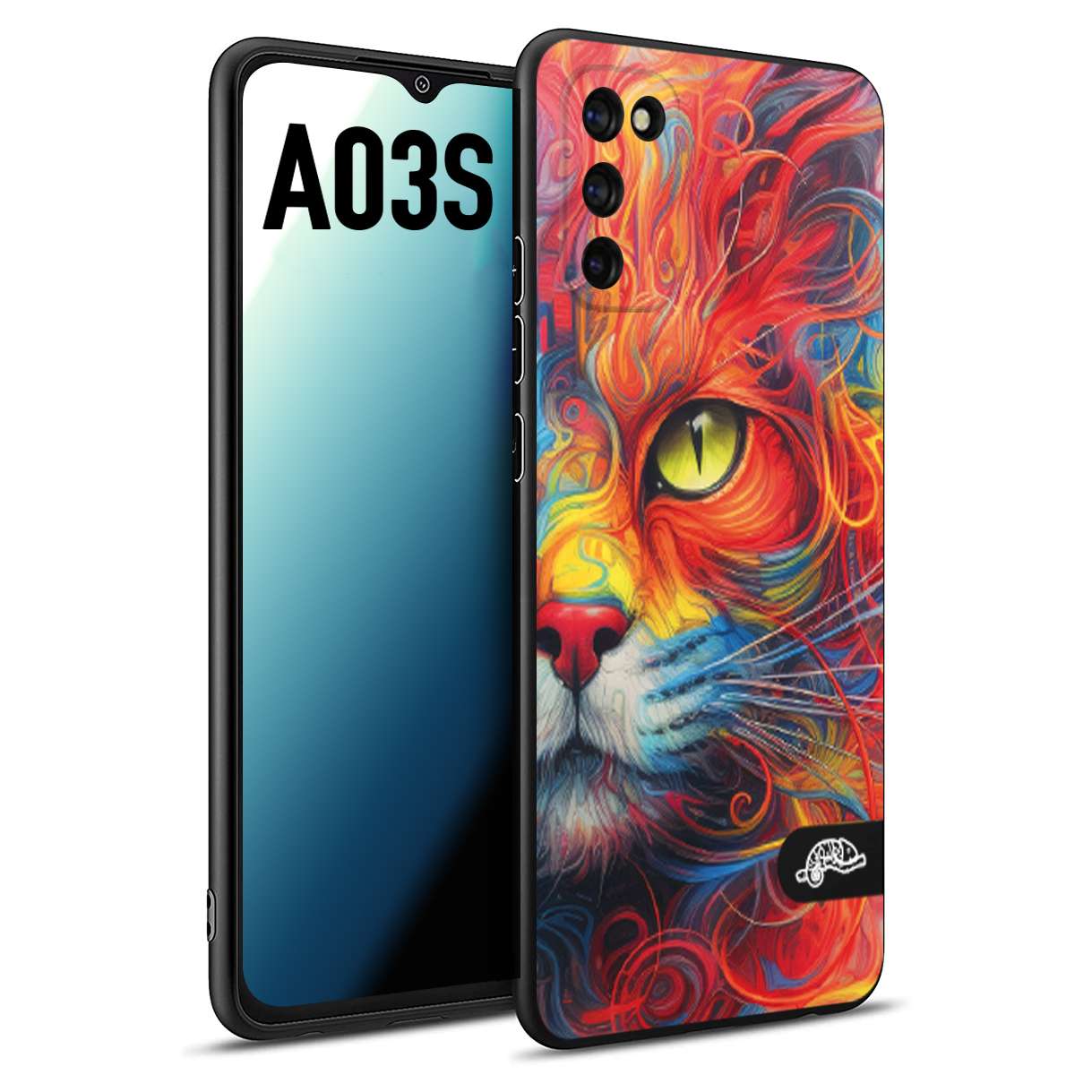 CUSTOMIZZA - Custodia cover nera morbida in tpu compatibile per Samsung A03S animali color cat gatto viso colori vibranti disegnato schizzo