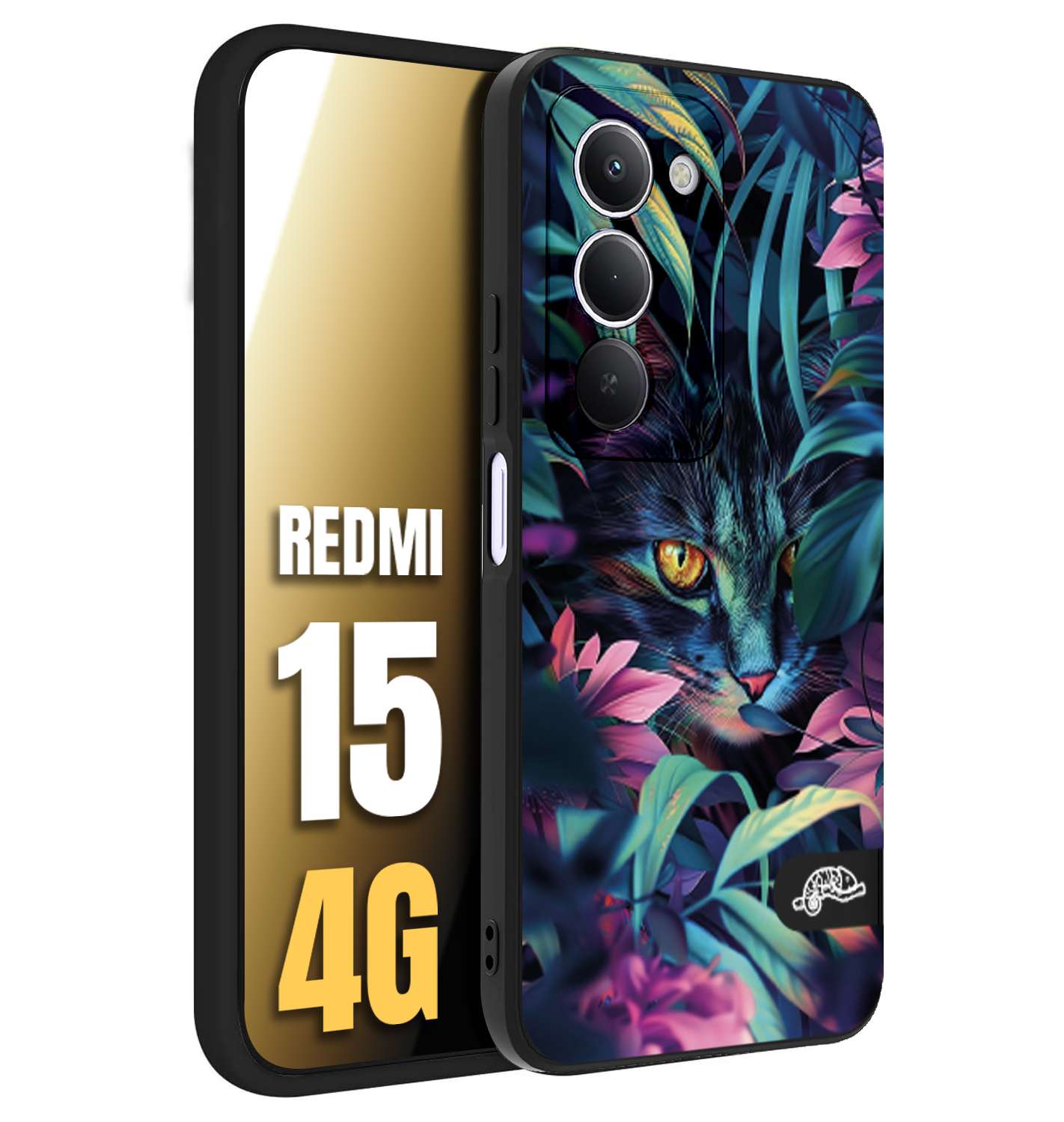 CUSTOMIZZA - Custodia cover nera morbida in tpu compatibile per Xiaomi Redmi 15 4G animali color giungla tropicale occhio di gatto colori vibranti disegnato
