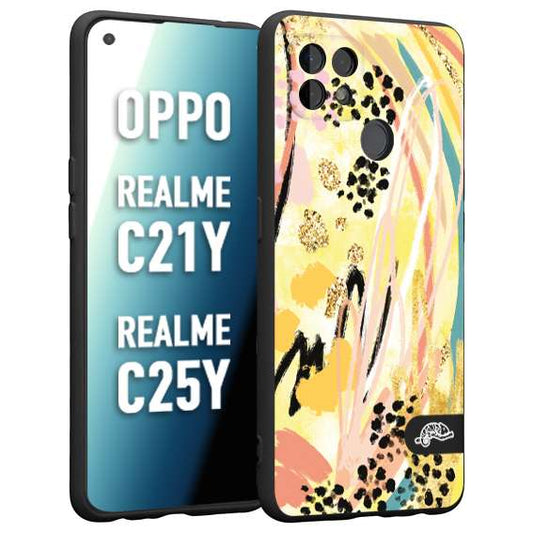 CUSTOMIZZA - Custodia cover nera morbida in tpu compatibile per Oppo Realme C21Y - C25Y astratti donna flower fantasia estate gialla rosa leopardata