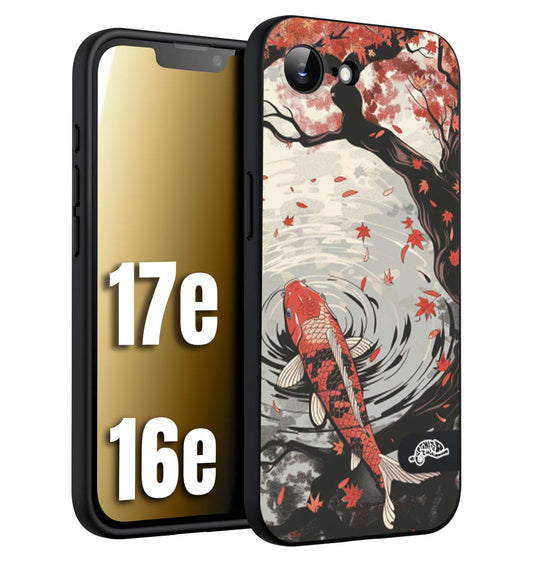 CUSTOMIZZA - Custodia cover nera morbida in tpu compatibile per iPhone 16E - 17E giapponese lago carpa koi rossa con foglie d'acero rosso disegnata tattoo