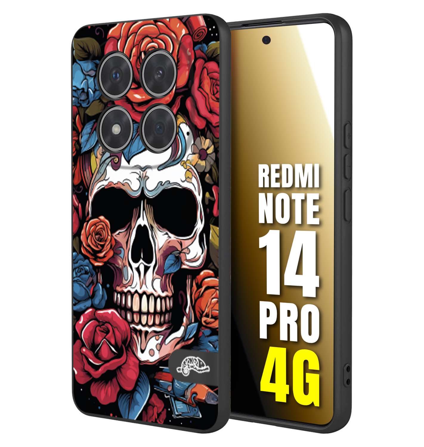 CUSTOMIZZA - Custodia cover nera morbida in tpu compatibile per Xiaomi Redmi Note 14 PRO 4G teschio skull flowers fiori rose rosse tattoo disegnato