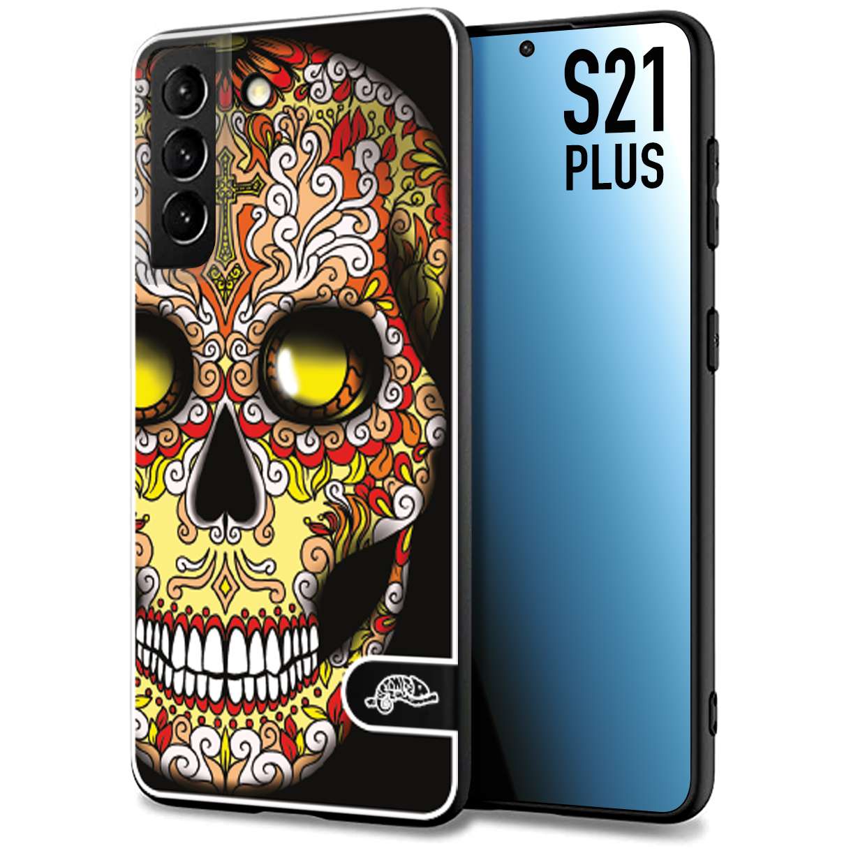 CUSTOMIZZA - Custodia cover nera morbida in tpu compatibile per Samsung S21 PLUS teschio messicano Mexican skull giallo rosso arancio