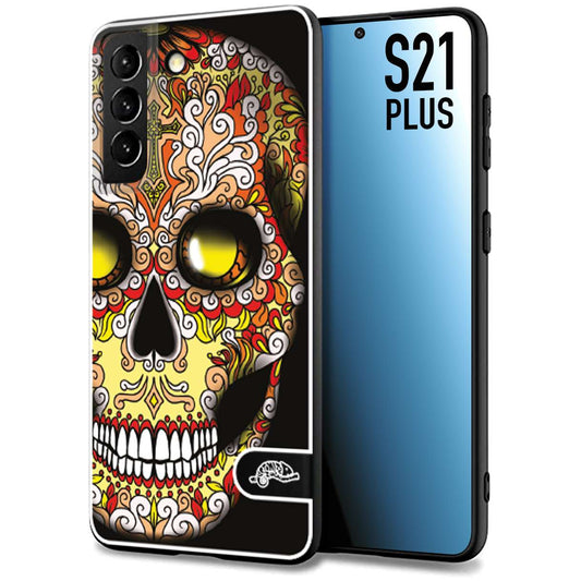 CUSTOMIZZA - Custodia cover nera morbida in tpu compatibile per Samsung S21 PLUS teschio messicano Mexican skull giallo rosso arancio