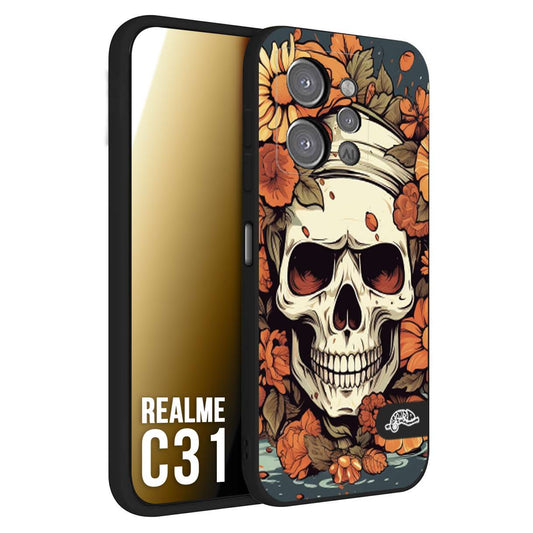 CUSTOMIZZA - Custodia cover nera morbida in tpu compatibile per Realme C31 teschio skull flowers fiori tattoo disegnato alta definizione