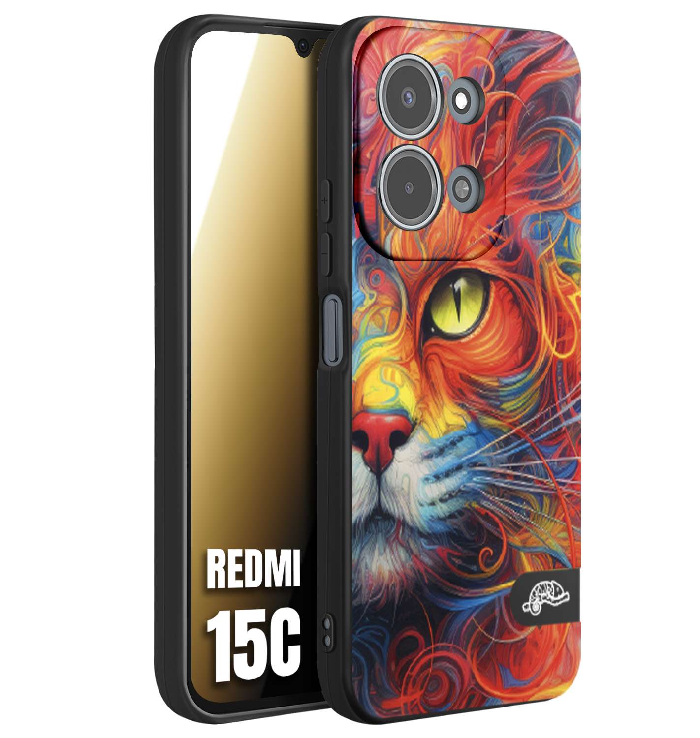 CUSTOMIZZA - Custodia cover nera morbida in tpu compatibile per Xiaomi Redmi 15C animali color cat gatto viso colori vibranti disegnato schizzo