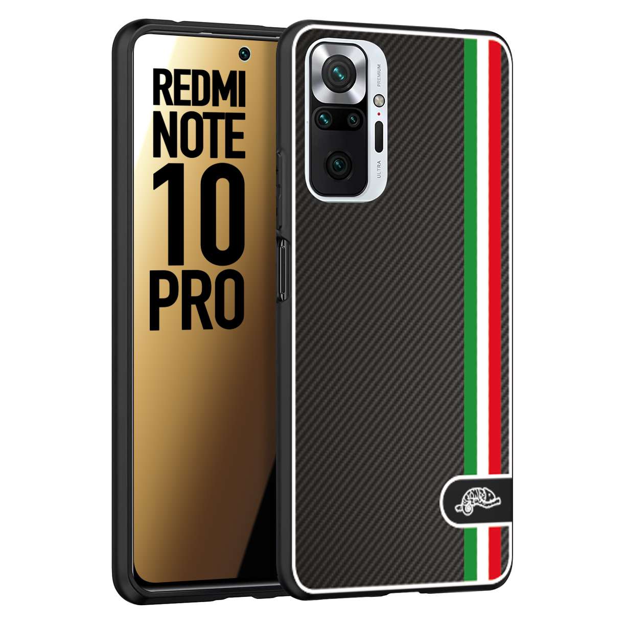 CUSTOMIZZA - Custodia cover nera morbida in tpu compatibile per Xiaomi Redmi Note 10 PRO effetto fibra di carbonio bandiera Italia made in Italy