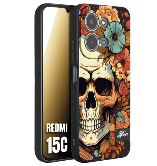 CUSTOMIZZA - Custodia cover nera morbida in tpu compatibile per Xiaomi Redmi 15C teschio skull flowers fiori autunnali arancio celeste tattoo