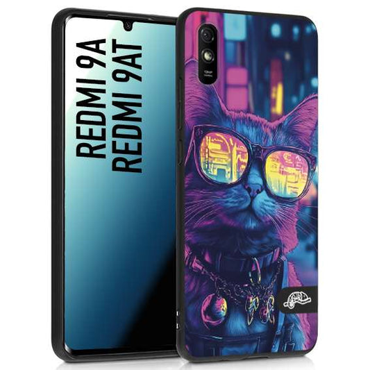 CUSTOMIZZA - Custodia cover nera morbida in tpu compatibile per Xiaomi Redmi 9A - 9AT animali cyberpunk gatto street cat fucsia blu giallo
