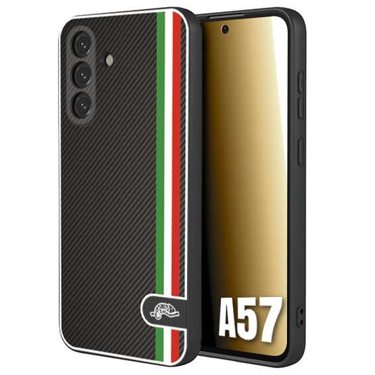 CUSTOMIZZA - Custodia cover nera morbida in tpu compatibile per Samsung A57 effetto fibra di carbonio bandiera Italia made in Italy
