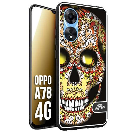CUSTOMIZZA - Custodia cover nera morbida in tpu compatibile per Oppo A78 4G teschio messicano Mexican skull giallo rosso arancio