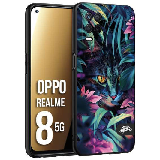 CUSTOMIZZA - Custodia cover nera morbida in tpu compatibile per Realme 8 5G animali color giungla tropicale occhio di gatto colori vibranti disegnato