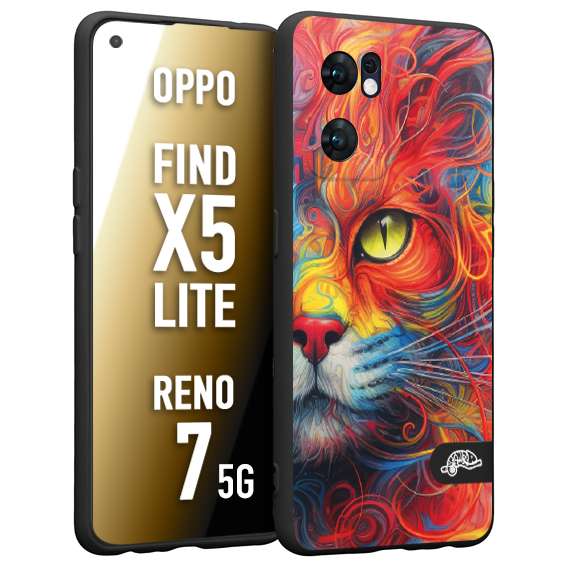 CUSTOMIZZA - Custodia cover nera morbida in tpu compatibile per Oppo Reno 7 - Find X5 LITE animali color cat gatto viso colori vibranti disegnato schizzo