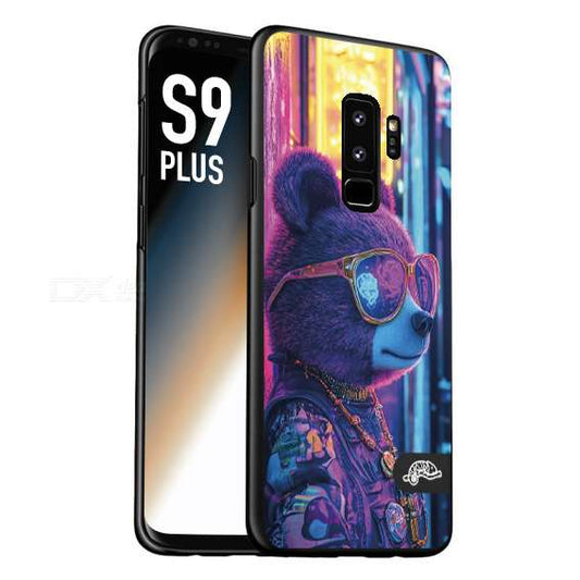 CUSTOMIZZA - Custodia cover nera morbida in tpu compatibile per Samsung S9 PLUS animali cyberpunk orsetto orso street bear fucsia blu night