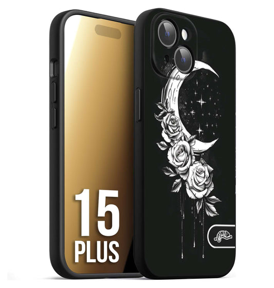 CUSTOMIZZA - Custodia cover nera morbida in tpu compatibile per iPhone 15 PLUS luna e fiori moon flowers black and white bianco a rilievo disegnato tattoo tatuaggio