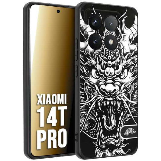 CUSTOMIZZA - Custodia cover nera morbida in tpu compatibile per Xiaomi 14T PRO drago black and white bianco a rilievo disegnato tattoo tatuaggio